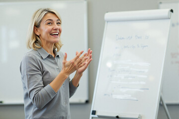 Confident teacher smiling and presenting ideas in a classroom setting  