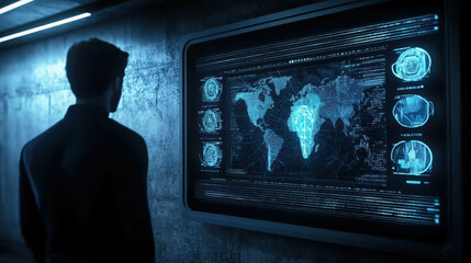 Futuristic Interface Displaying Global Network Connections and Satellite Data Analysis