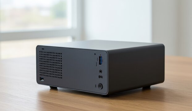 A small, black, and modern mini PC on a wooden desk,