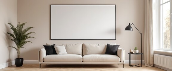 Modern Beige Sofa with Blank Canvas and Floor Lamp in Minimalist Living Room