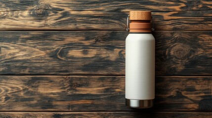 Modern reusable water bottle displayed on a natural wood background with a motivational quote, perfect for hydration and inspiration during workouts or daily activities