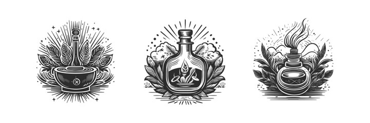 Hand Drawn Vintage Style Illustrations of Herbal Beauty Products