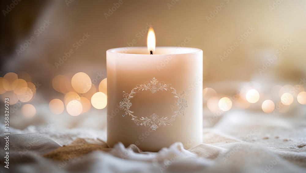 Poster elegant candle glowing softly in a tranquil setting with warm lights in the background