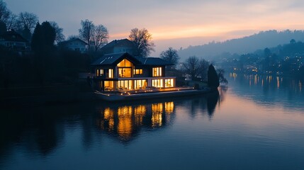 Fototapeta premium Elegant modern house riverside setting warm evening lights reflecting in calm waters twilight sky soft gradients aerial 3D perspective. 