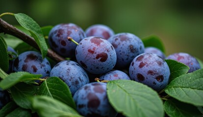 Close-up of fresh plums on a branch with green leaves,