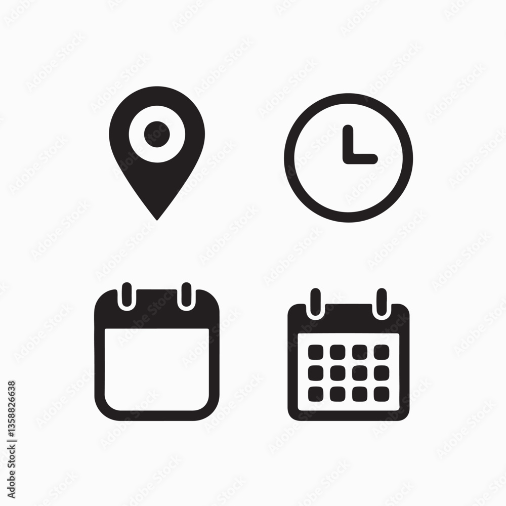 Poster date, time, and address icon set. event icons vector featuring location, calendar, and clock symbols