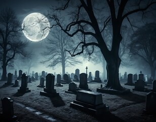 Eerie Night in a Foggy Cemetery