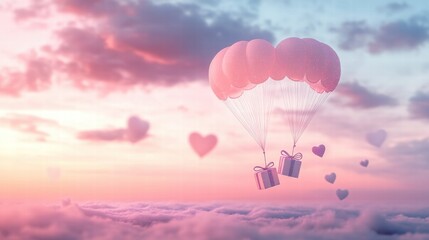 Obraz premium A Box flying on a parachute with pink cloud in valentine day,package flying down from sky and cloud with parachute, concept for delivery service,shopping online,air delivery service.
