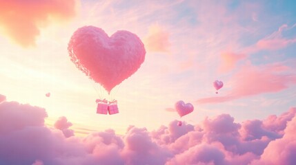 Fototapeta premium A Box flying on a parachute with pink cloud in valentine day,package flying down from sky and cloud with parachute, concept for delivery service,shopping online,air delivery service.
