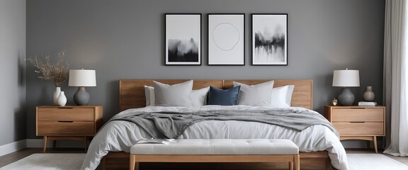 Modern Bedroom Interior Design with Gray Walls and Wooden Furniture