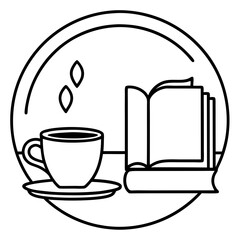 Morning coffee and book reading scene line art vector illustration