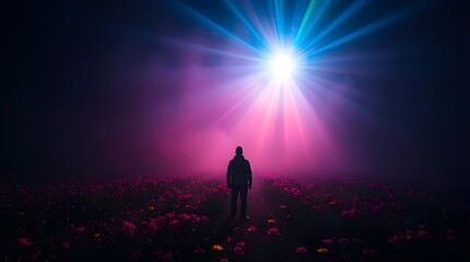 Fototapeta premium Volumetric lighting, electric vivid colors, visible light beams, a person standing in a flower field with sunlight piercing through fog, symbolizing hope and recovery 