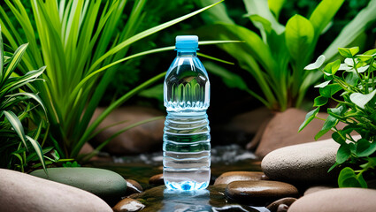 A bottle of water against the background of green plants, stones and a stream, colors and natural textures emphasize freshness and naturalness, for mineral water brands and eco-friendly drinks.
