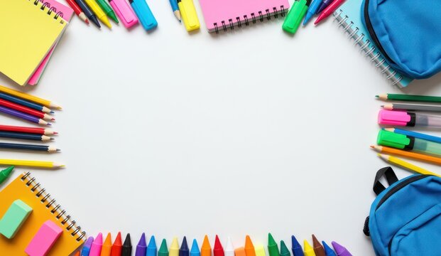 Colorful school supplies frame a white background, overhead flat lay shot,