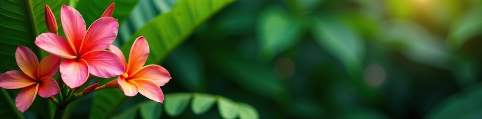 Fototapeta premium Vibrant and exotic tropical flowers in shades of pink, orange, and yellow against lush greenery, yellow, exotic