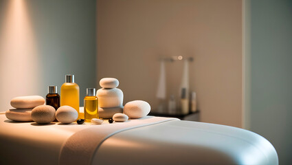 SPA elements, massage oils, stones and candles, against a background of warm tones and soft lighting, with a feeling of coziness and tranquility, for advertising SPA salons and relaxation treatments.