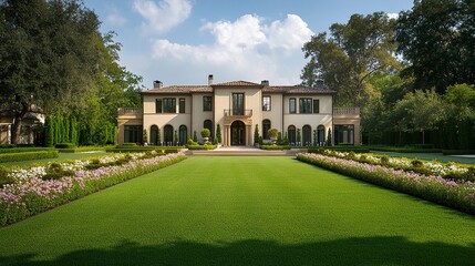 Obraz premium Expansive beige home with a sprawling green lawn bordered by flower beds soft natural light highlighting the serene landscape. 