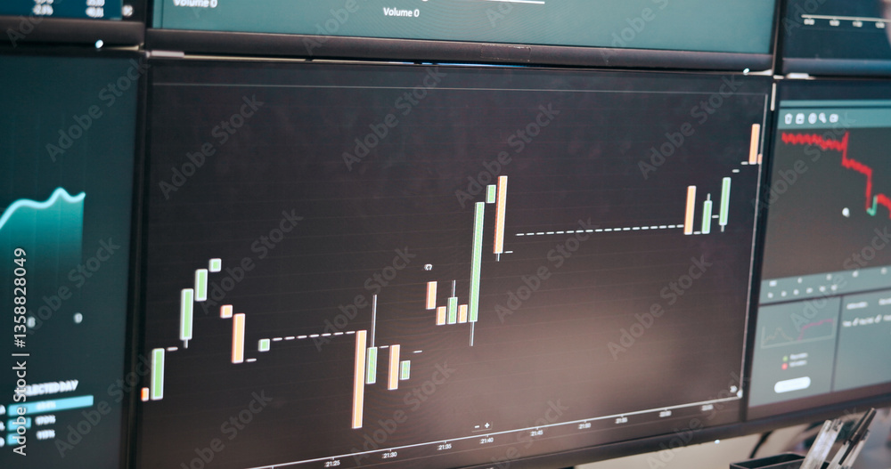 Poster stock market chart, computer screen and financial graphs for trading, data analytics or global excha