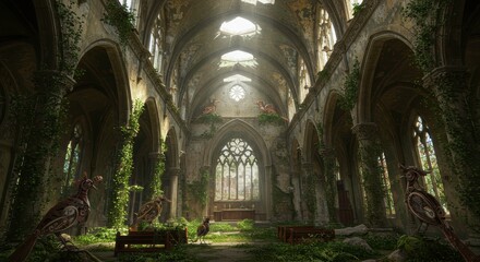 Fototapeta premium Overgrown Ruins of a Gothic Church with Steampunk Birds Nature Reclaiming Ancient Architecture