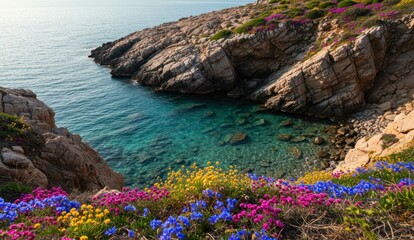 Scenic coastal landscape with rocky cliffs and colorful wildflowers,