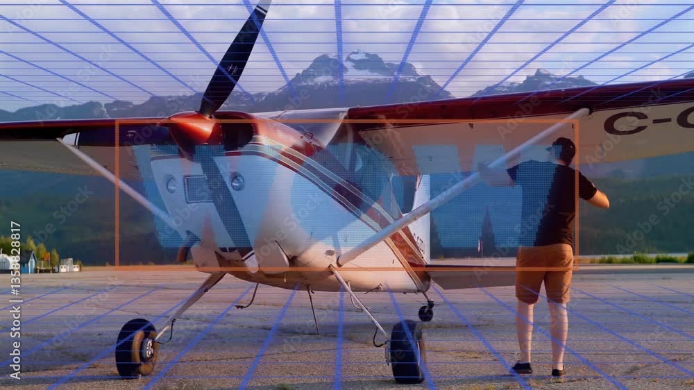 Aufkleber small airplane on tarmac with wow text animation over mountain backdrop