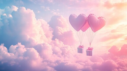 Fototapeta premium A Box flying on a parachute with pink cloud in valentine day,package flying down from sky and cloud with parachute, concept for delivery service,shopping online,air delivery service.