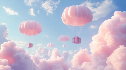 Fototapeta premium A Box flying on a parachute with pink cloud in valentine day,package flying down from sky and cloud with parachute, concept for delivery service,shopping online,air delivery service.