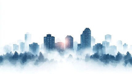Obraz premium Foggy urban skyline silhouettes of houses and buildings glowing softly seamless horizontal layout on a pure white background clean vector design. 