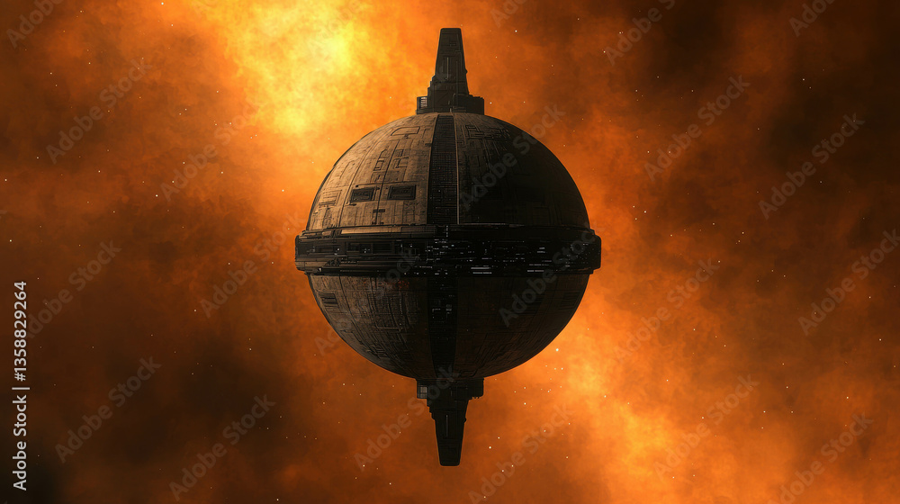 Poster futuristic space station orbiting fiery nebula in deep galaxy setting with cosmic glow