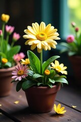 Fototapeta premium Vibrant potted daisy surrounded by a plethora of blooming flowers and greenery, garden, foliage