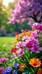 Obraz premium Vibrant purple and pink flowers in a beautiful multicolored garden, blooming outdoors in a park with summer meadows, creating a picturesque backdrop of spring, background, colorful