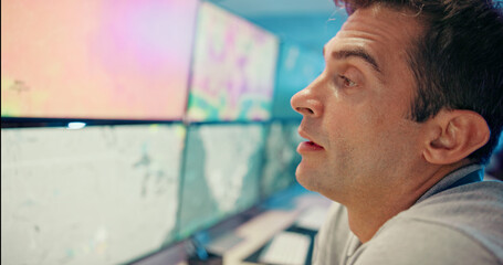 Tired, thinking and man with internet, computer screen and tech for climate change, burnout and...