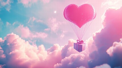 Fototapeta premium A Box flying on a parachute with pink cloud in valentine day,package flying down from sky and cloud with parachute, concept for delivery service,shopping online,air delivery service.