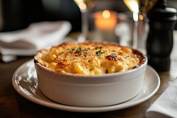 Creamy baked macaroni and cheese in a white dish, garnished with breadcrumbs