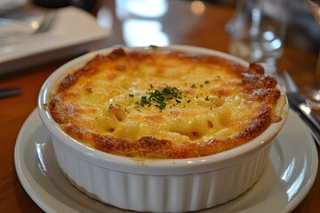 Creamy, golden-brown cheesy macaroni and cheese dish