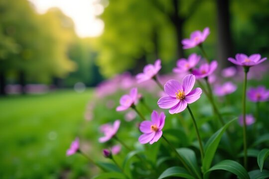 Vibrant purple flowers blooming among lush greenery in Ujazdowski Park, Warsaw,  beauty,  city park