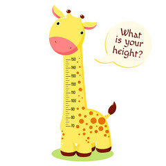 Height chart with cute baby giraffe. Kids meter with cartoon animal. Inscription - What is your height? Meter wall or baby scale of growth. Vector EPS8