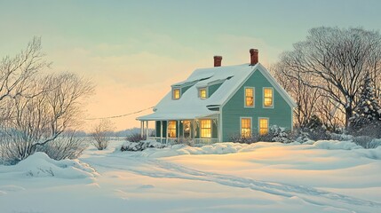 Green New England home surrounded by untouched snow warm light glowing from windows under a pale blue winter sky.  