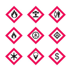 Globally Harmonized System (GHS) Hazard Symbols Includes flame, gas cylinder, skull and crossbones, health hazards, environmental hazards, explosion, oxidizers, corrosion, exclamation mark, and radioa