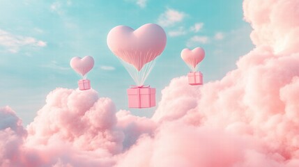A Box flying on a parachute with pink cloud in valentine day,package flying down from sky and cloud with parachute, concept for delivery service,shopping online,air delivery service.