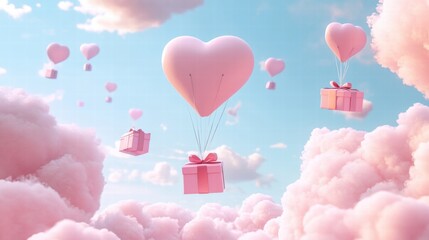 A Box flying on a parachute with pink cloud in valentine day,package flying down from sky and cloud with parachute, concept for delivery service,shopping online,air delivery service.