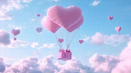 Obraz premium A Box flying on a parachute with pink cloud in valentine day,package flying down from sky and cloud with parachute, concept for delivery service,shopping online,air delivery service.