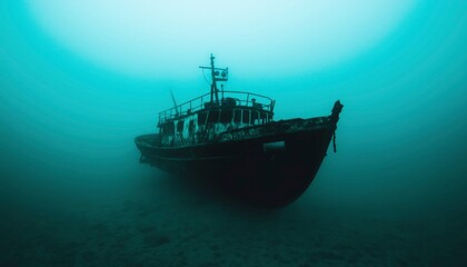 Obraz premium Sunken rusty boat wreck on sea floor. Marine life in the blue depth for exploration