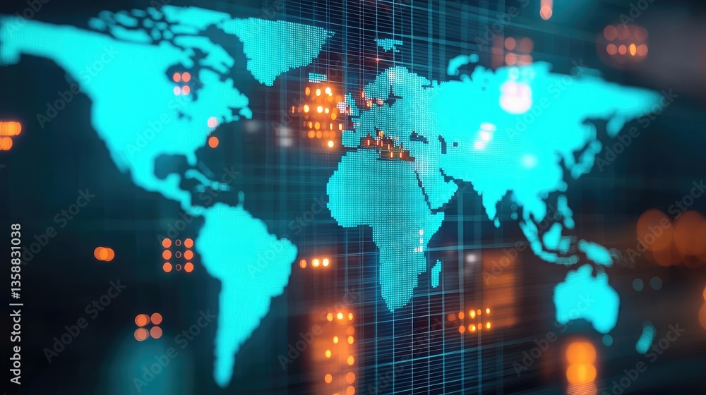 Poster cargo logistics ship and global freight tracking concept. digital world map with glowing grid and da