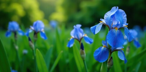Vibrant blue iris flowers in full bloom surrounded by lush green foliage,  blooming,  beauty
