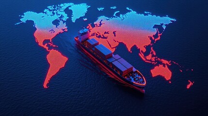 Cargo logistics ship and global business tracking concept. Cargo ship navigating through illuminated world map at night.