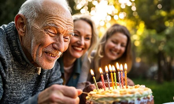 A Heartwarming Backyard Gathering with an Elderly Man Blowing Out Cake Candles While Family Cheers Made with Generative AI technology. International Day of Older Persons. Valentine's Day - Powered by Adobe