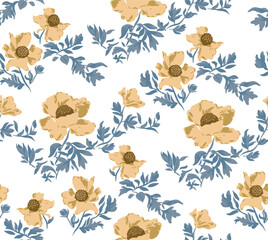 A beautifully illustrated seamless floral pattern featuring beige flowers with intricate detailing and blue leaves on a white background.