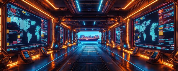 Cargo logistics and world map in transportation network concept. Futuristic control room with glowing screens and vibrant lights.