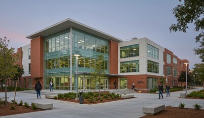 Modern university building with students outside, 